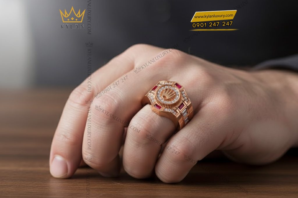 Nhẫn Rolex vàng hồng nguyên khối Au750 đính kim cương và đá ruby đỏ