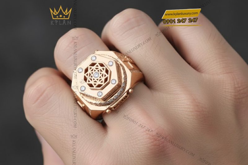 Nhẫn Hublot vàng hồng nguyên khối Au750 đính kim cương
