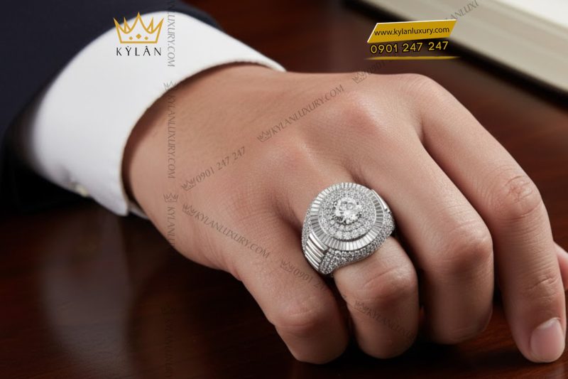 Nhẫn nam vàng trắng nguyên khối Au750 đính kim cương