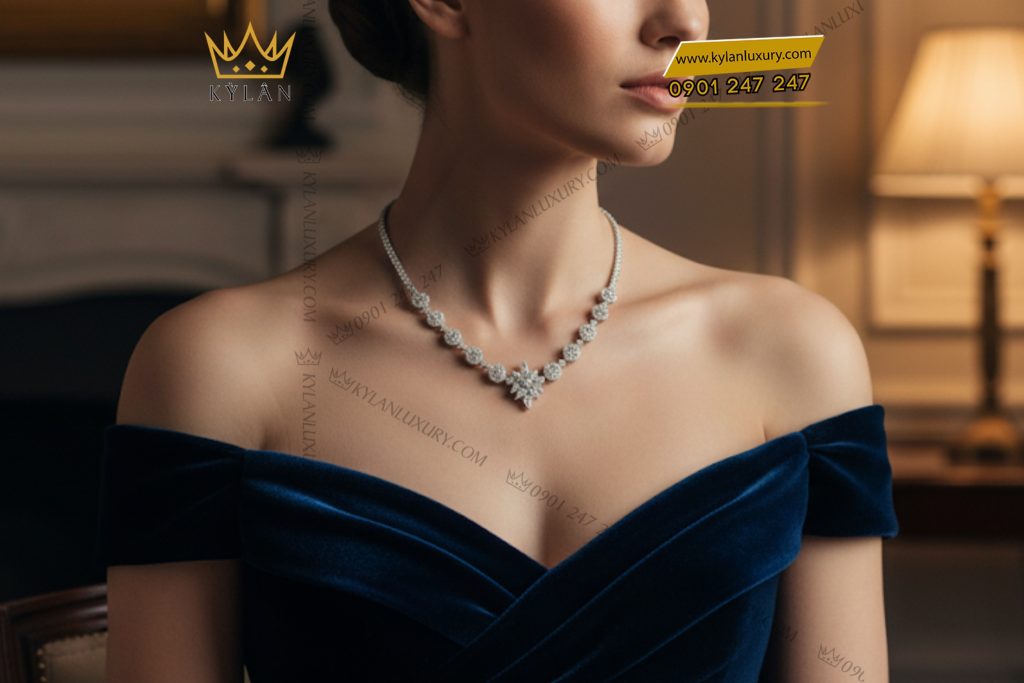 Dây chuyền kim cương vàng trắng nguyên khối Au750 