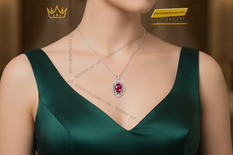 Mặt dây chuyền vàng trắng nguyên khối Au750 đính kim cương và đá ruby