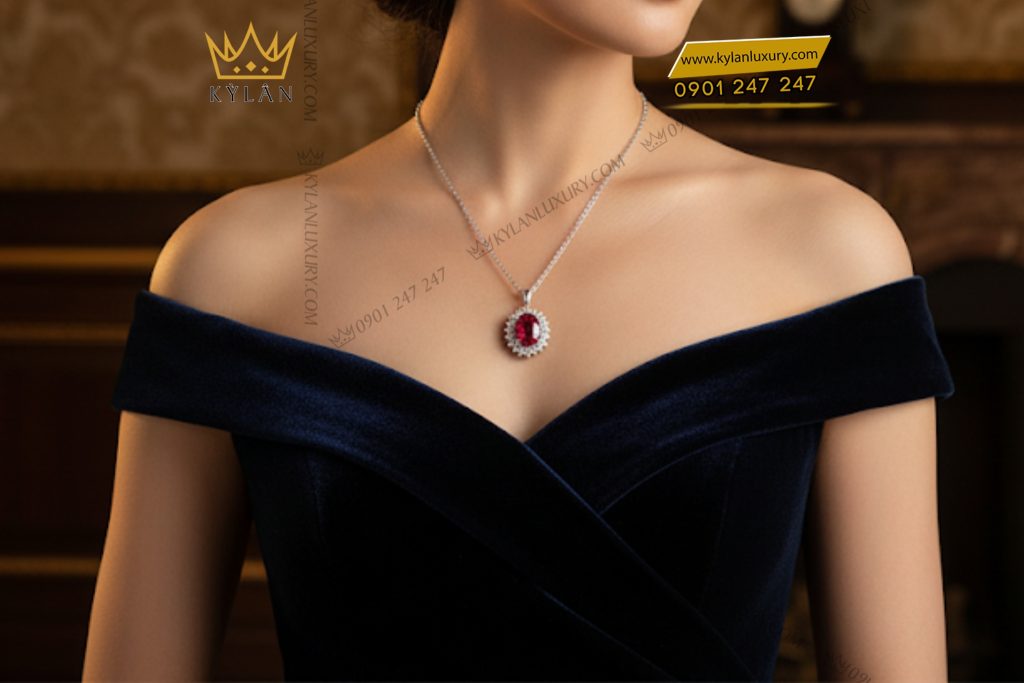 Mặt dây chuyền vàng trắng nguyên khối Au750 đính kim cương và đá ruby