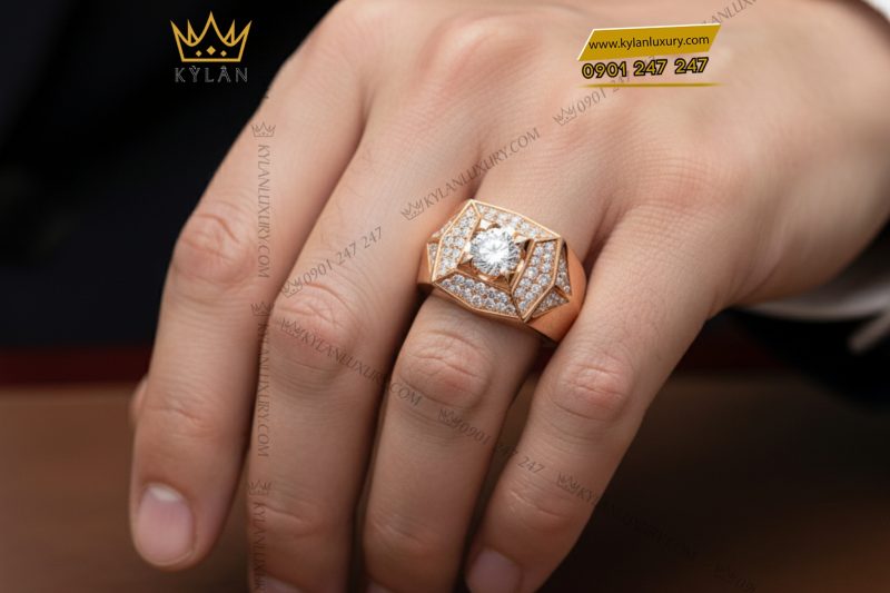Nhẫn nam vàng hồng nguyên khối Au750 đính kim cương 