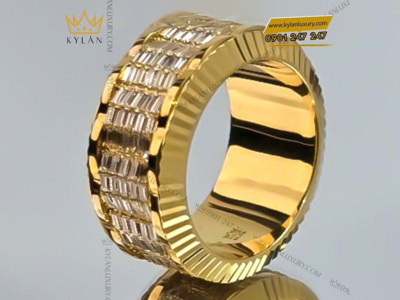 Nhẫn Rolex xoay vàng nguyên khối Au750 đính 5 hàng kim cương baguette