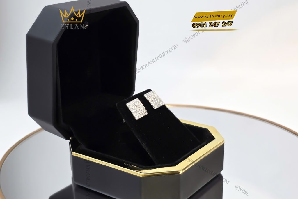 Kỳ Lân Luxury 7 23 Bông tai mặt hình chữ nhật vàng trắng Au750 đính kim cương 