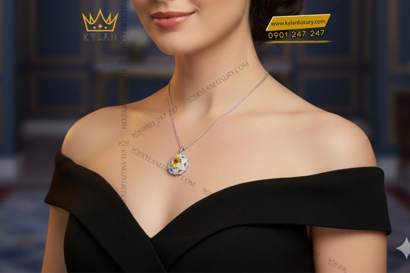 Mặt dây chuyền vàng trắng nguyên khối Au750 đính kim cương và đá Sapphire vàng