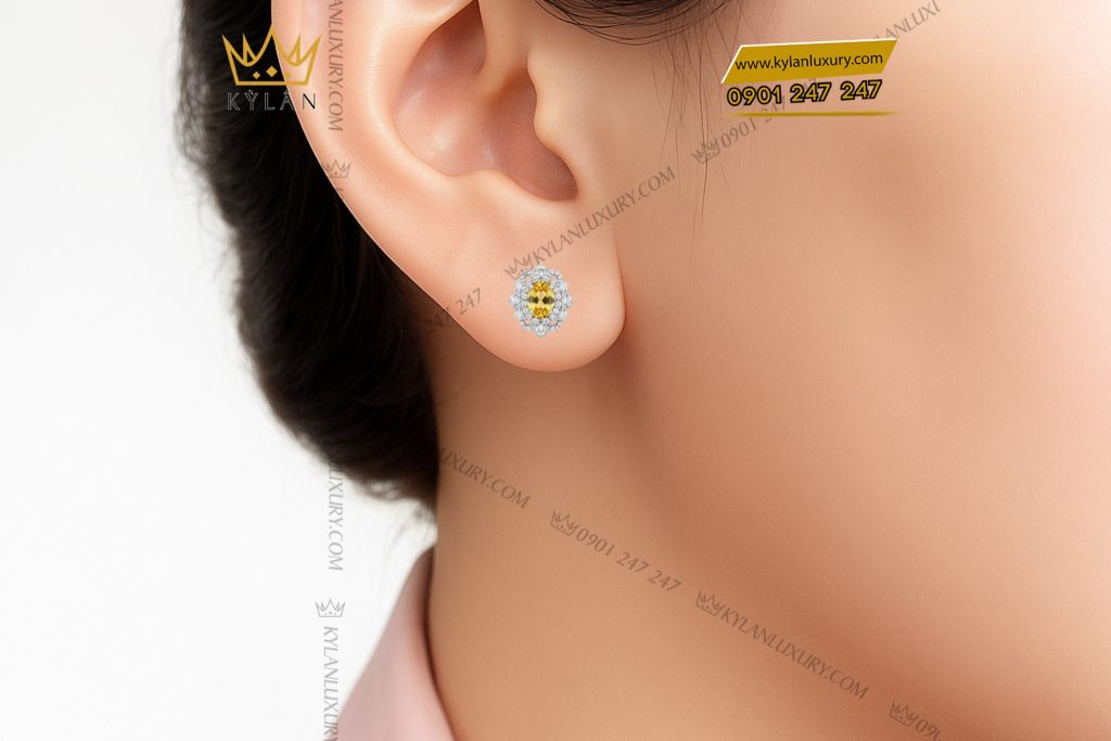 Bông tai vàng trắng Au750 đính kim cương và đá Sapphire vàng 6 Bông tai vàng trắng nguyên khối Au750 đính kim cương và đá Sapphire vàng