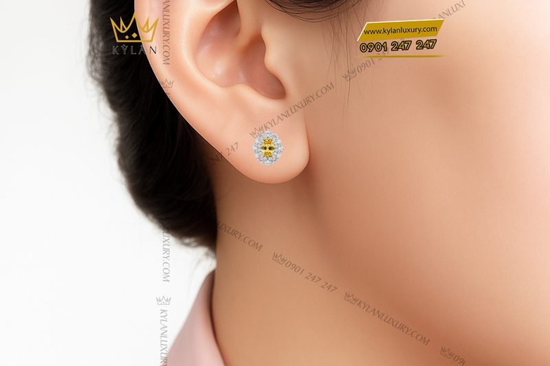 Bông tai vàng trắng Au750 đính kim cương và đá Sapphire vàng