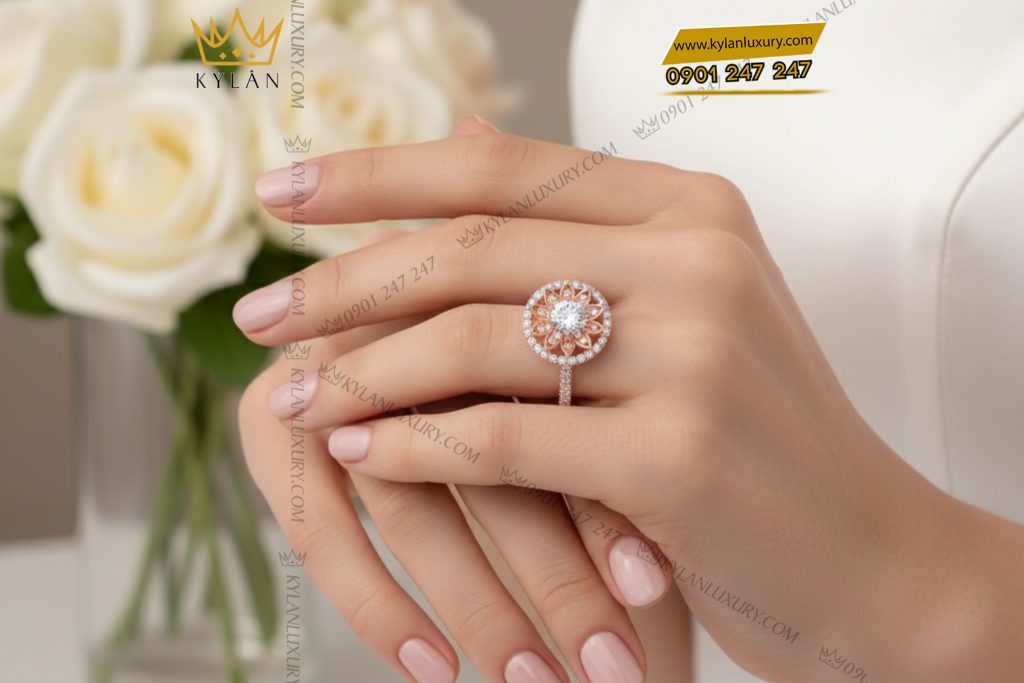 Nhẫn nữ vàng hồng nguyên khối Au750 đính kim cương 