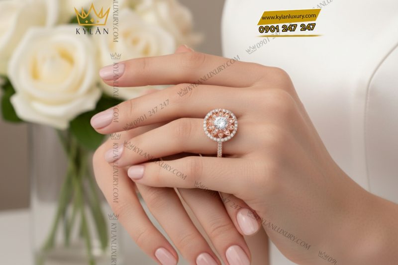 Nhẫn nữ vàng hồng nguyên khối Au750 đính kim cương 