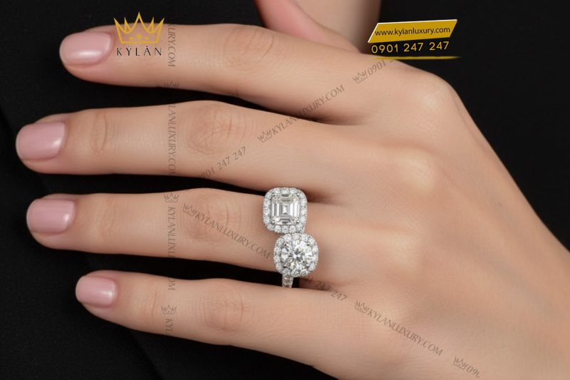 Nhẫn nữ vàng trắng nguyên khối Au750 đính hai viên chủ kim cương