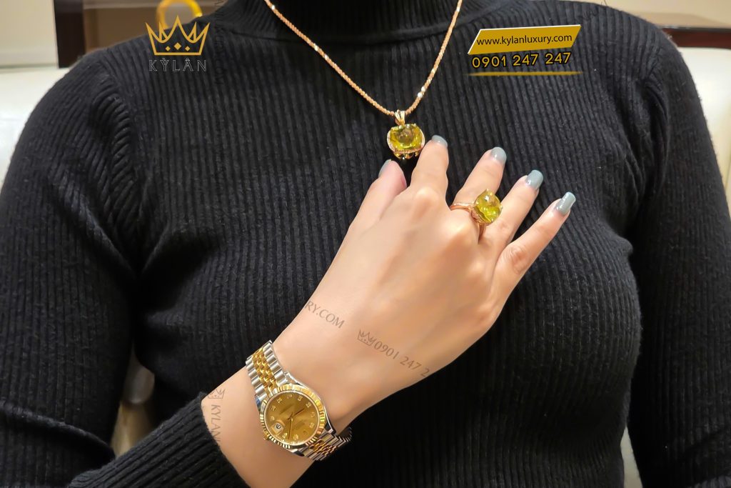 Mặt dây chuyền vàng hồng Au750 đính đá thạch anh vàng 6 Mặt dây chuyền vàng hồng nguyên khối Au750 đính đá thạch anh vàng