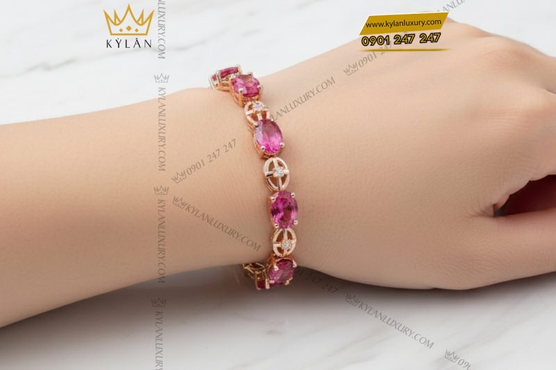 Lắc tay vàng hồng nguyên khối Au750 đính kim cương và đá ruby 