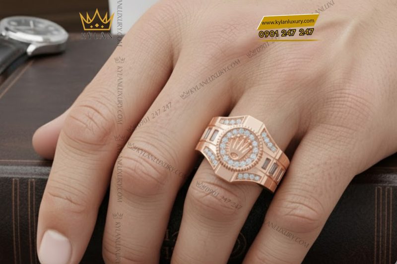 Nhẫn Rolex vàng hồng nguyên khối Au750 đính kim cương