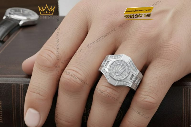Nhẫn Rolex vàng trắng nguyên khối Au750 đính kim cương