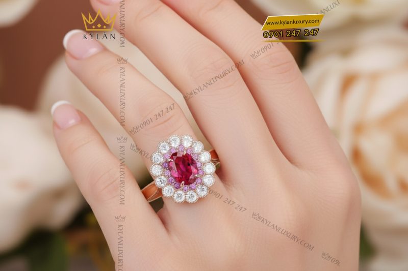 Nhẫn nữ vàng hồng nguyên khối Au750 đính kim cương và đá ruby 