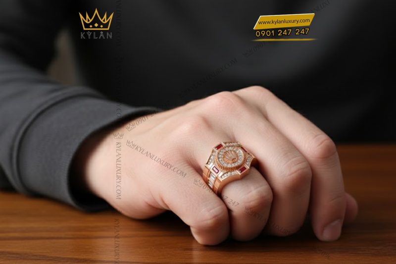 Nhẫn Rolex vàng hồng nguyên khối Au750 đính kim cương và đá ruby đỏ