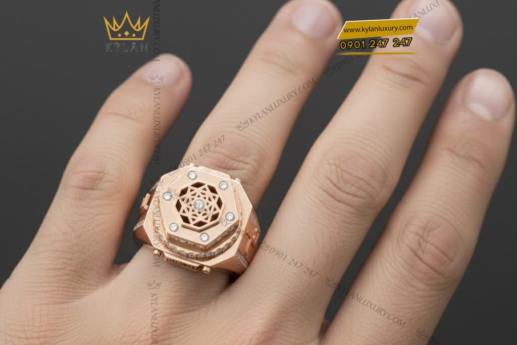 Nhẫn Hublot vàng hồng nguyên khối Au750 đính kim cương