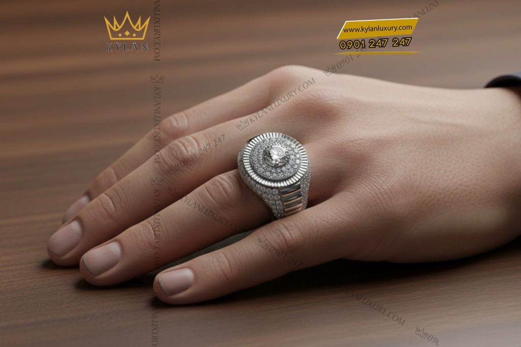 Kỳ Lân Luxury 7 77 Nhẫn nam vàng trắng nguyên khối Au750 đính kim cương