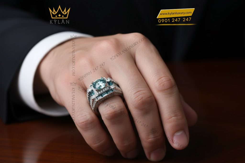 Nhẫn nam vàng trắng nguyên khối Au750 đính kim cương & đá xanh lục 5 Nhẫn nam vàng trắng nguyên khối Au750 đính kim cương & đá xanh lục