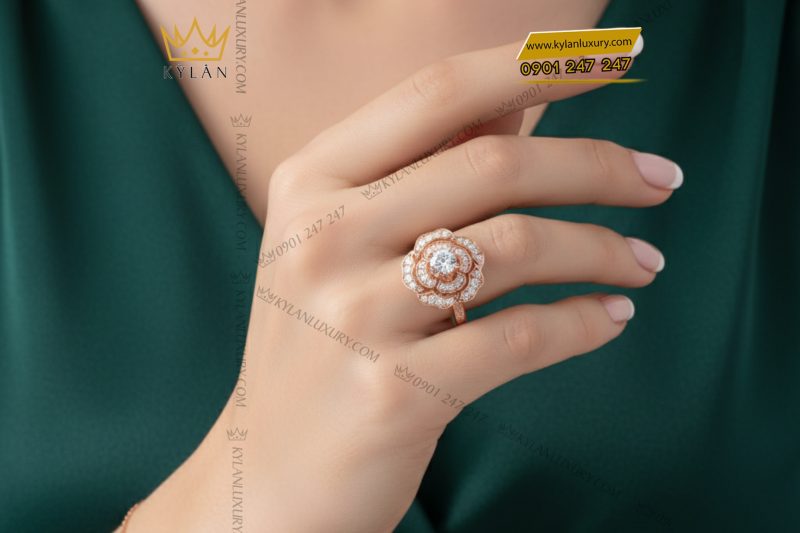 Nhẫn nữ vàng hồng nguyên khối Au750 đính kim cương 