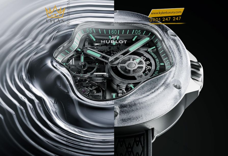 Cận cảnh vỏ sapphire, khung titanium và dây cao su họa tiết Arsham monogram của đồng hồ Hublot MP-17