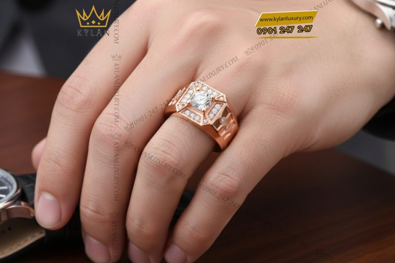 Nhẫn nam vàng hồng nguyên khối Au750 đính kim cương 