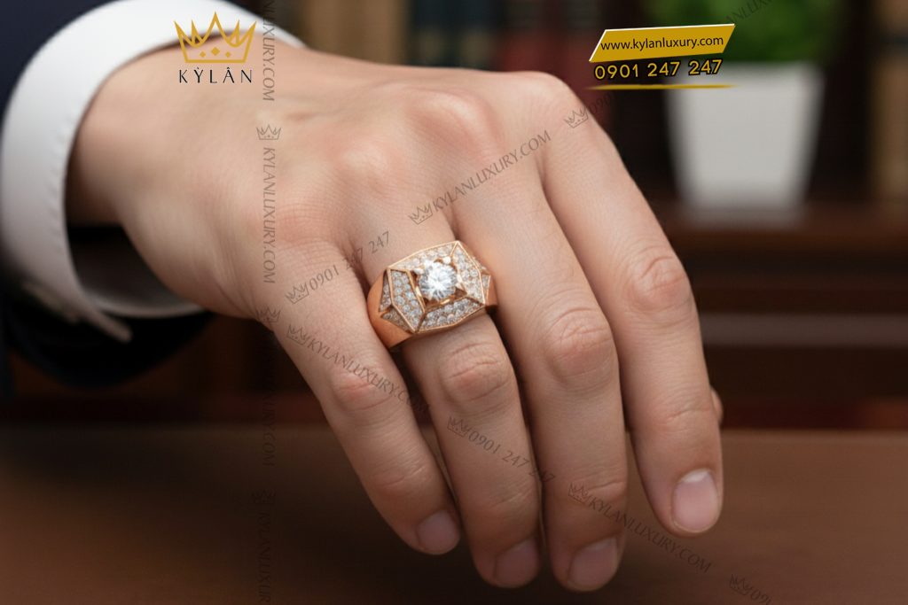Nhẫn nam vàng hồng nguyên khối Au750 đính kim cương 