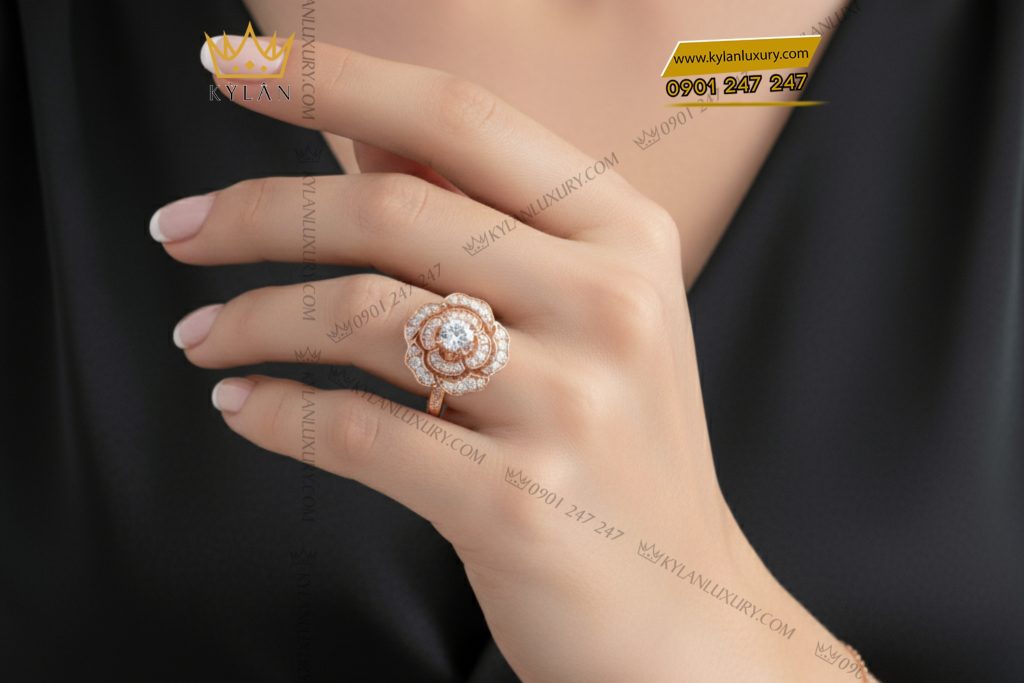 Nhẫn nữ vàng hồng nguyên khối Au750 đính kim cương 