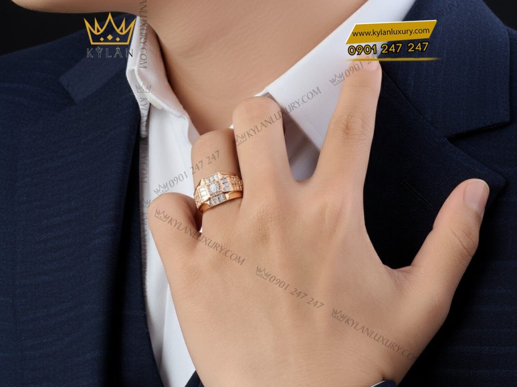 Nhẫn nam vàng hồng nguyên khối Au750 đính kim cương