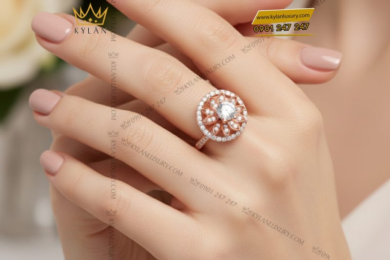 Nhẫn nữ vàng hồng nguyên khối Au750 đính kim cương 