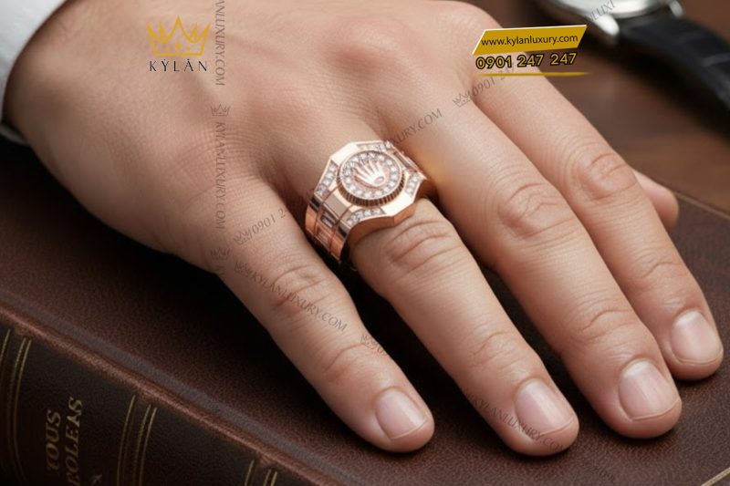 Nhẫn Rolex vàng hồng nguyên khối Au750 đính kim cương