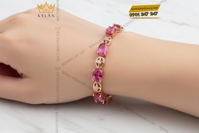 Lắc tay vàng hồng nguyên khối Au750 đính kim cương và đá ruby 
