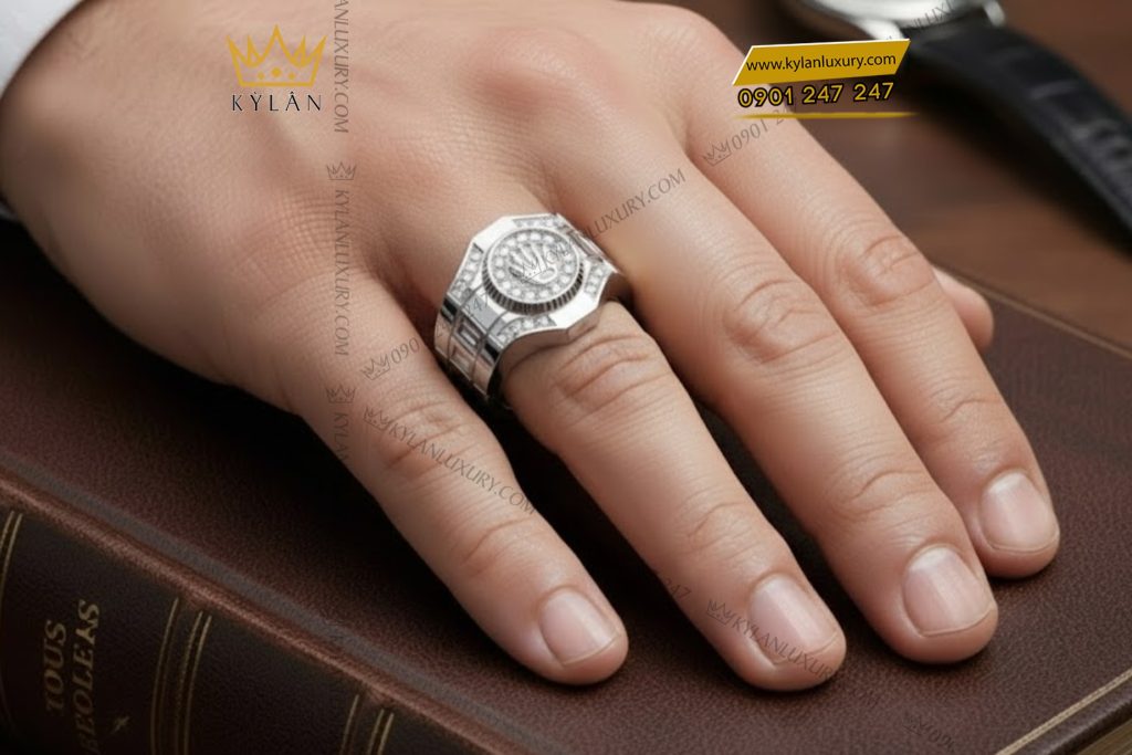 Kỳ Lân Luxury 8 40 Nhẫn Rolex vàng trắng nguyên khối Au750 đính kim cương