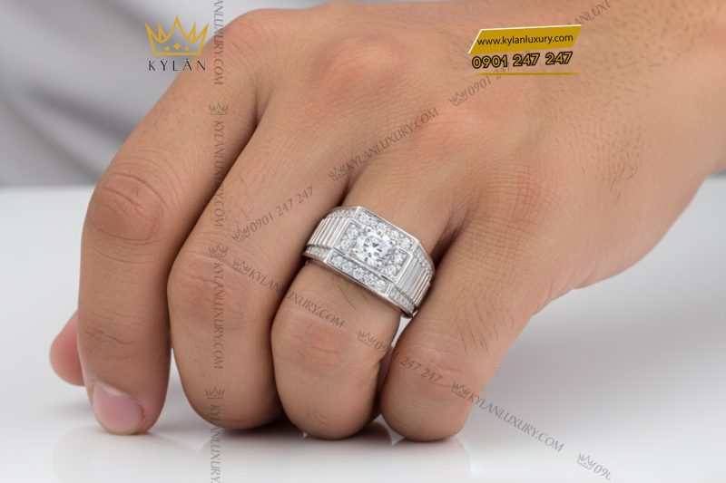 Nhẫn nam vàng trắng Au750 đính kim cương