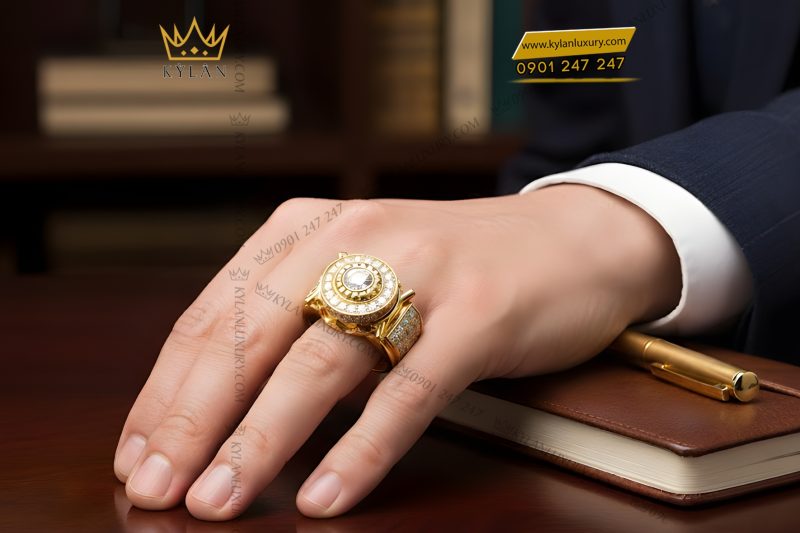 Nhẫn nam vàng vàng Au750 đính kim cương