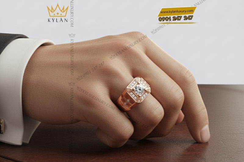 Nhẫn nam vàng hồng nguyên khối Au750 đính kim cương 