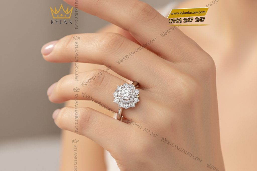 Nhẫn nữ kim cương vàng trắng nguyên khối Au750 