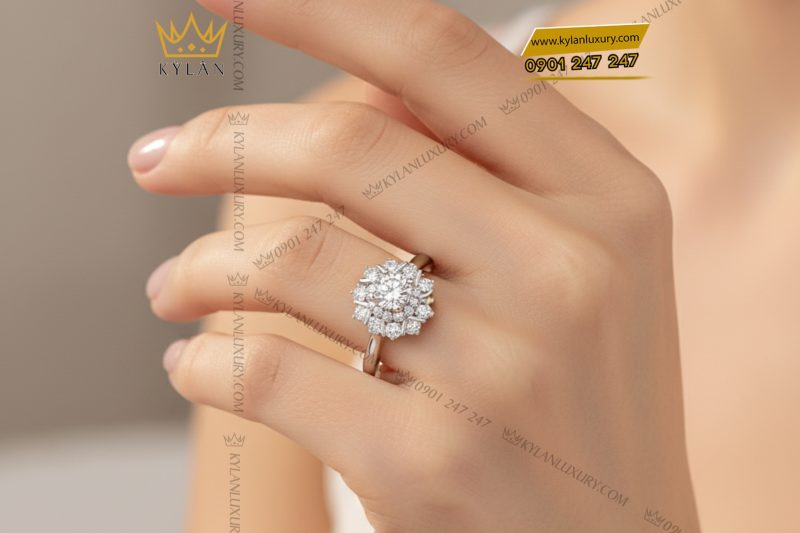 Nhẫn nữ kim cương vàng trắng nguyên khối Au750 