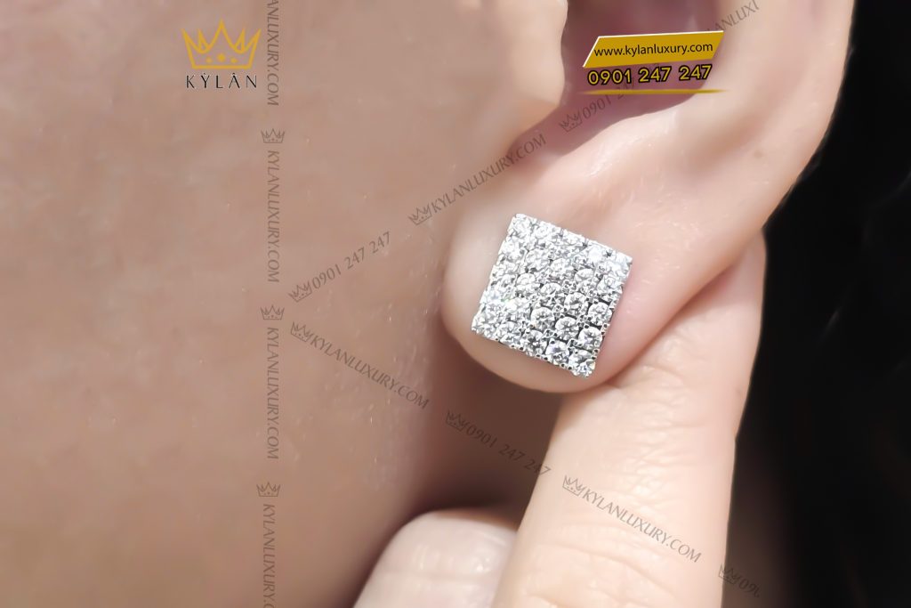 Bông tai mặt hình chữ nhật vàng trắng Au750 đính kim cương 