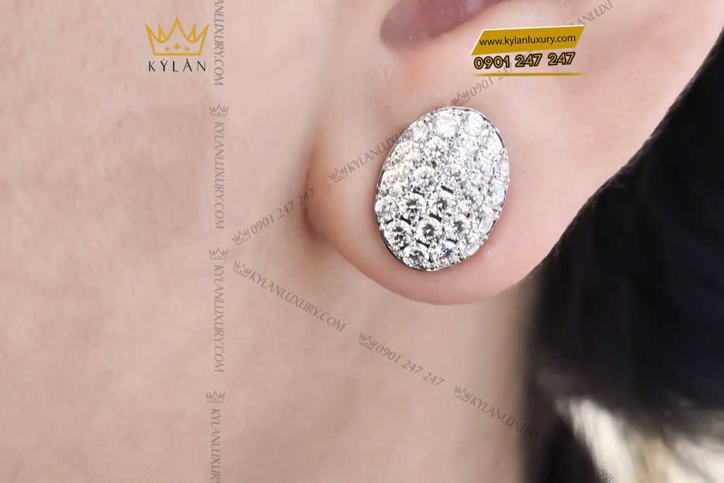 Bông tai hình oval vàng trắng Au750 đính kim cương