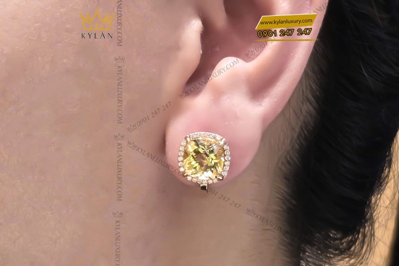 Bông tai vàng hồng Au750 đính đá thạch anh vàng