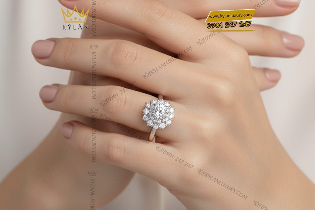 Nhẫn nữ kim cương vàng trắng nguyên khối Au750 