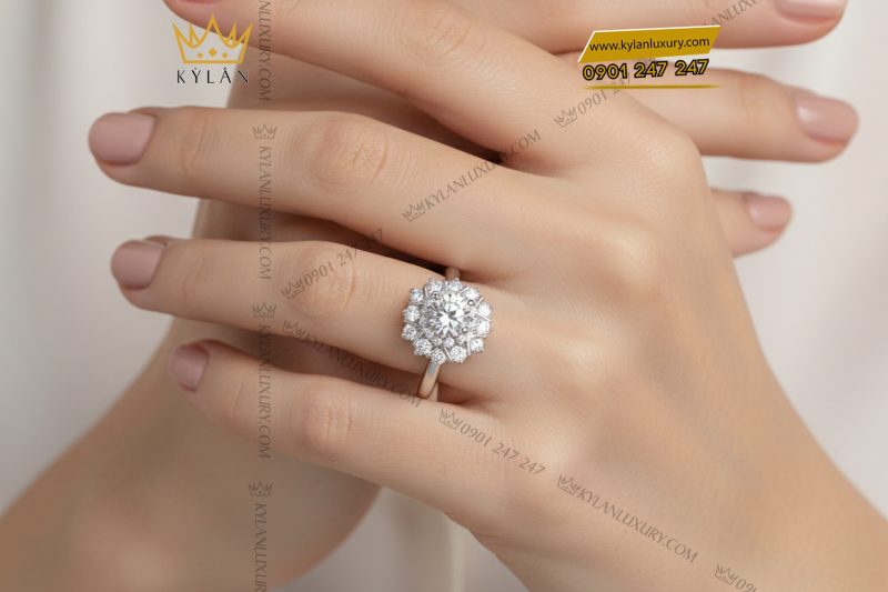 Nhẫn nữ kim cương vàng trắng nguyên khối Au750 