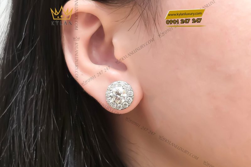 Cặp bông tai vàng trắng nguyên khối Au750 đính viên chủ kim cương 5ly4