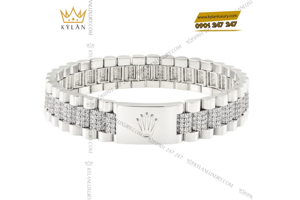 Lắc tay Rolex vàng trắng Au750 đính 4 hàng kim cương