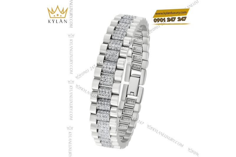 Lắc tay Rolex vàng trắng Au750 đính 4 hàng kim cương