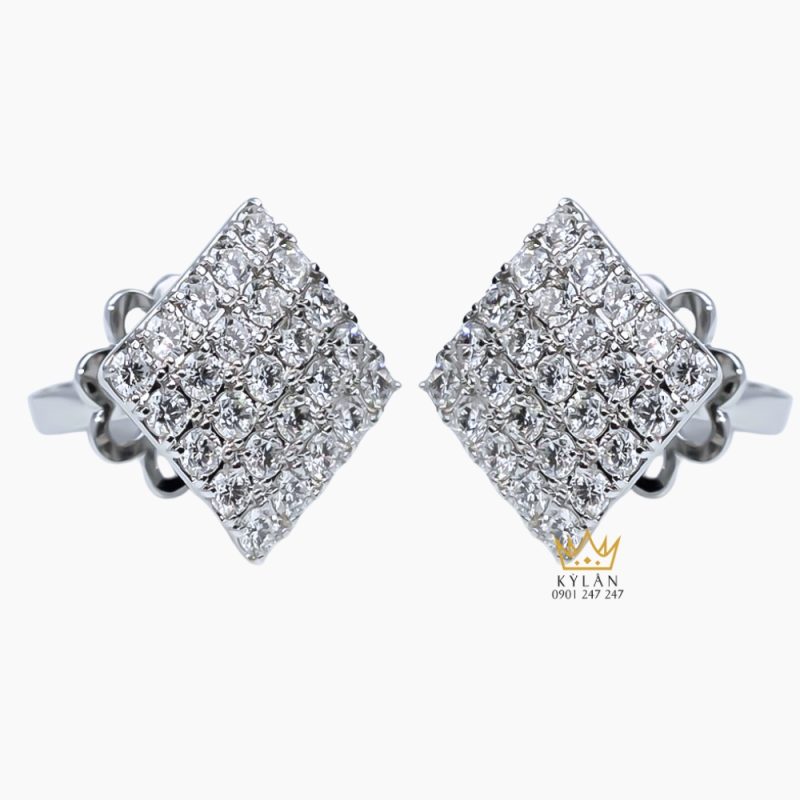 Bông tai mặt hình chữ nhật vàng trắng Au750 đính kim cương 