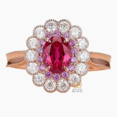 Nhẫn nữ vàng hồng nguyên khối Au750 đính kim cương và đá ruby 