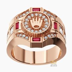 Nhẫn Rolex vàng hồng nguyên khối Au750 đính kim cương và đá ruby đỏ